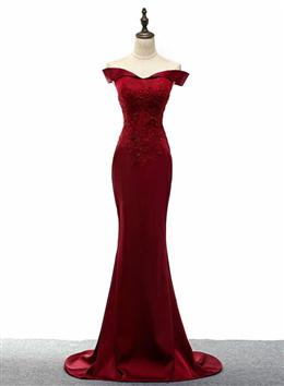 Picture of Dark Red Color Mermaid Satin Long Party Dresses, Off Shoulder Evening Dresses